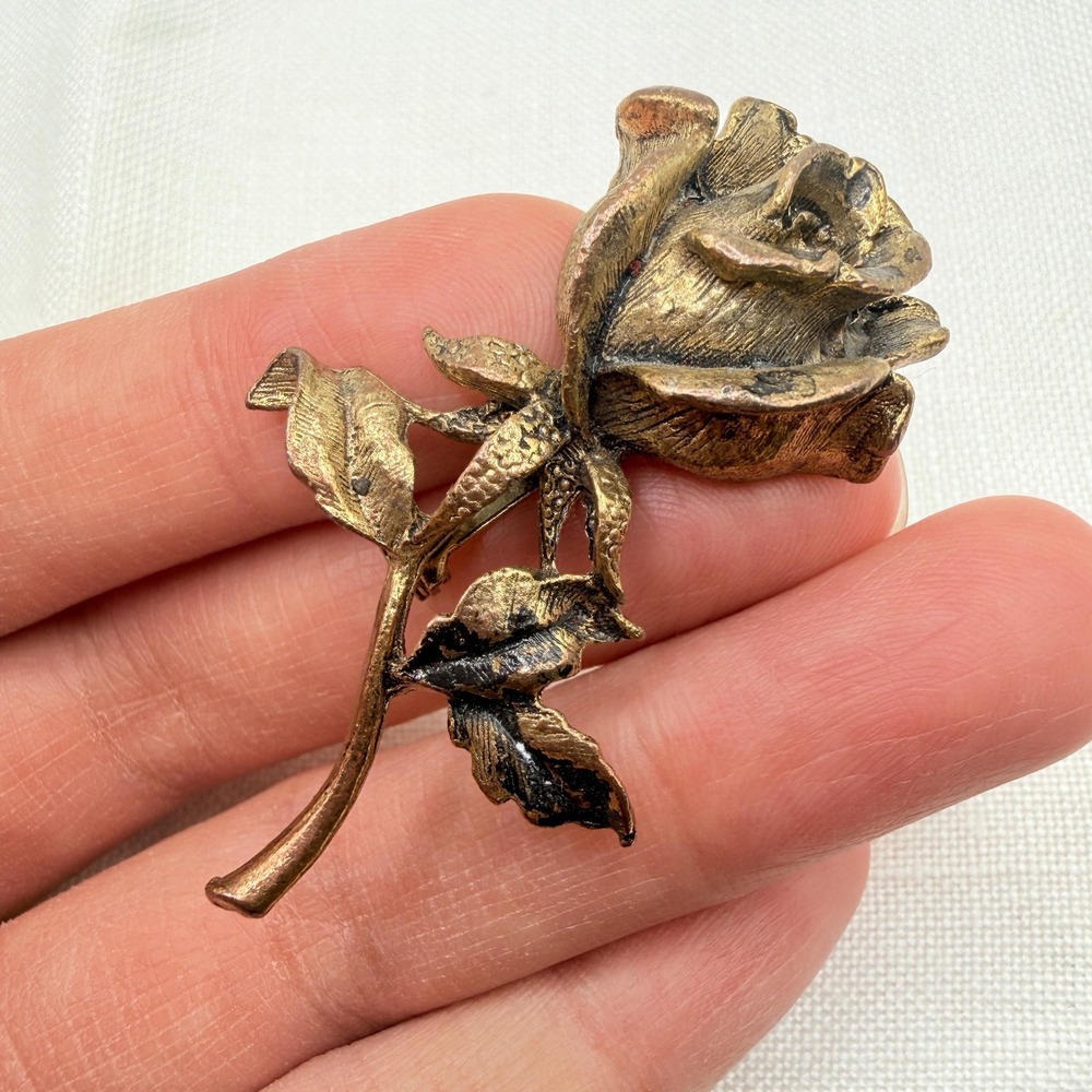 Vintage Dainty Gold Tone Gilded Rose Stem Brooch Pin